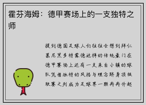 霍芬海姆：德甲赛场上的一支独特之师