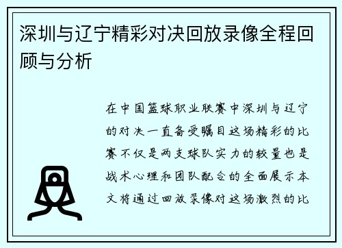 深圳与辽宁精彩对决回放录像全程回顾与分析