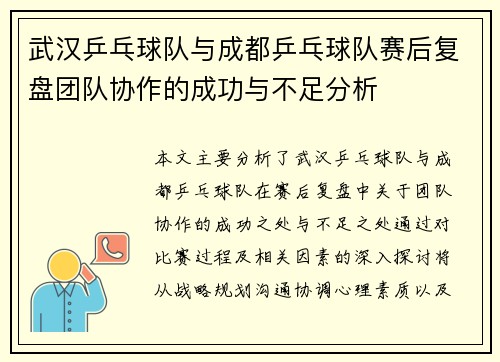 武汉乒乓球队与成都乒乓球队赛后复盘团队协作的成功与不足分析