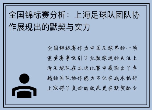 全国锦标赛分析：上海足球队团队协作展现出的默契与实力