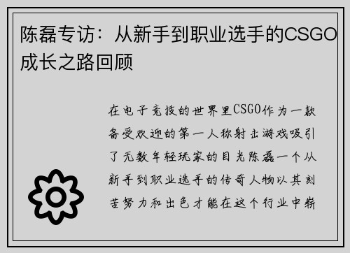 陈磊专访：从新手到职业选手的CSGO成长之路回顾